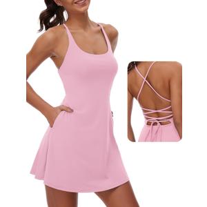 M MOTEEPI Women's Workout Golf Dress with Pockets Built-in Bra & Shorts Sleeveless Open Back Tennis Active Dresses (Large, Pink)