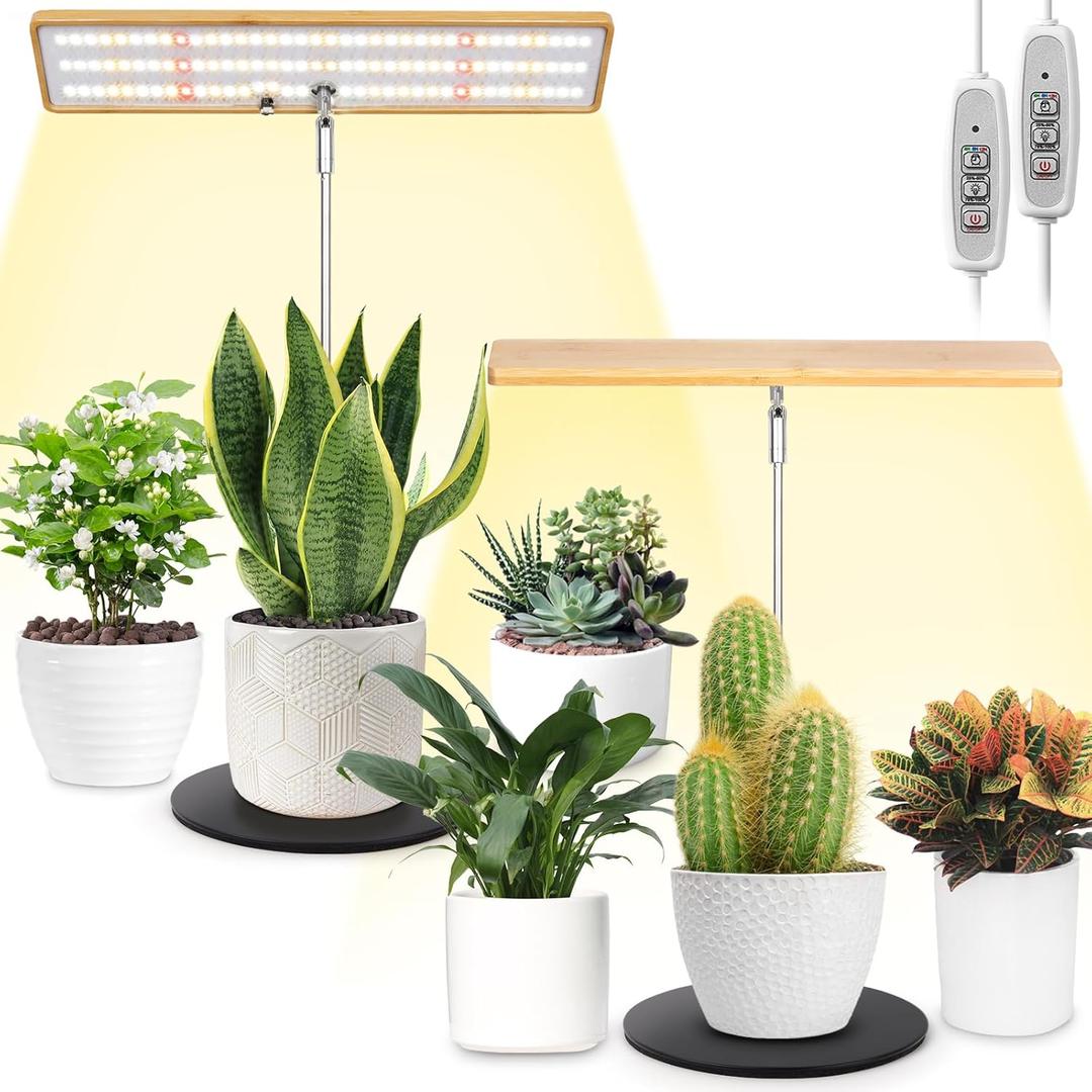 LORDEM Grow Lights for Indoor Plants Full Spectrum, Bamboo Plant Lights for Indoor Growing, Table Top Grow Light with Auto On/Off Timer 4H/8H/12H & 4 Dimmable Brightness & Height Adjustment, 2 Pack (Desk Grow Light in Bamboo)
