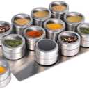 Upgrade Magnetic Spice Jars 12pcs with Wall Mounted,Stainless Steel Spice Tins with Lid and Small Holes for Sprinkle Rust Free Easy to Clean Includes 94 Labeling Stickers by Beeyoka