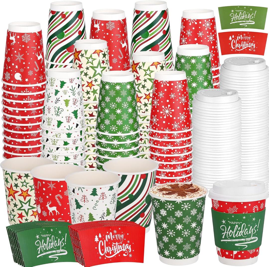 Kochorie100 Set 12 oz Christmas Disposable Coffee Cups with Dome Lids Sleeves Christmas Disposable Paper Extra Thick Insulated Cup for Hot Cold Drinks Xmas Hot Chocolate Party Supplies Classic Style