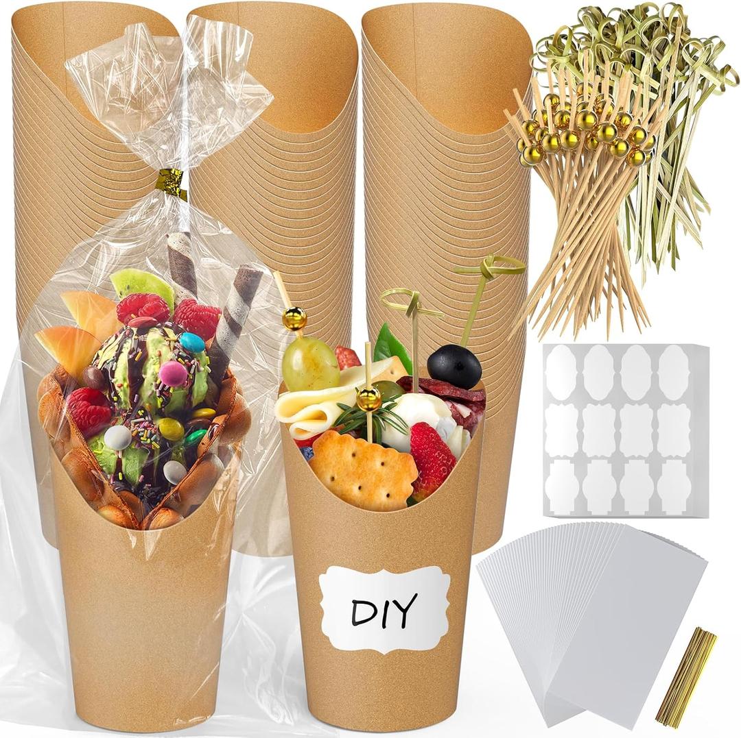 600 Pcs Charcuterie Cups with Sticks Bags Set, 100 Pcs 12 oz Individual Disposable French Fry Holder, Paper Snack Appetizer Cups Kit with 100 Bags, 100 Ties, 100 Lables, 200 Cocktail Skewers Picks