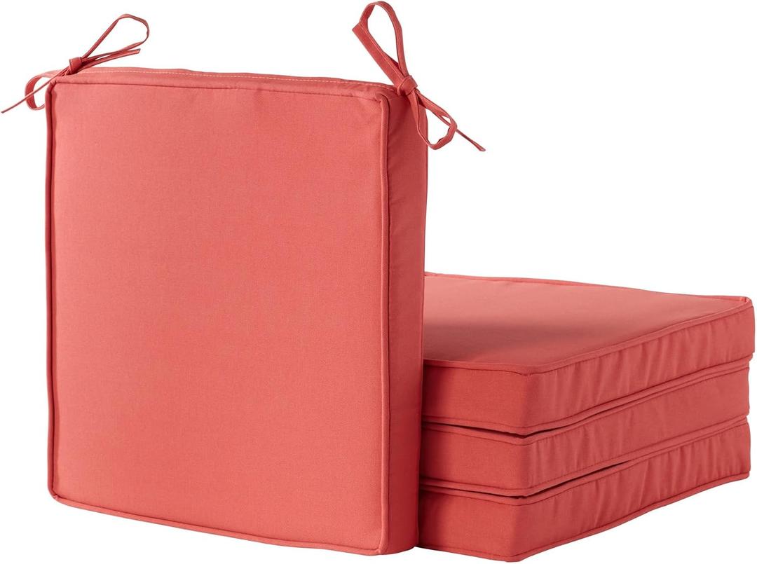 Outdoor 18 inch Square Patio Dining Chair Pads Comfortable Fiber-Filled Seat Cushions with Ties, Reversible Polyester Fabric - Coral, Set of 4