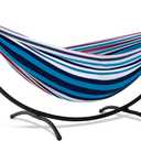 SUNCREAT Hammocks for Outside with Stand, Porch Hammock and Stand, 475 lbs Capacity, Blue & Red Stripes