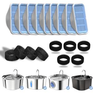 PEKTACO Cat Water Fountain Filters Replacement & Pre-Filter Sponges for 3.2L/108oz Automatic Pet Fountain, Dog Water Dispenser 9 Pack Filters & 9 Pre-Filter Sponges Foam Filters (Standard)