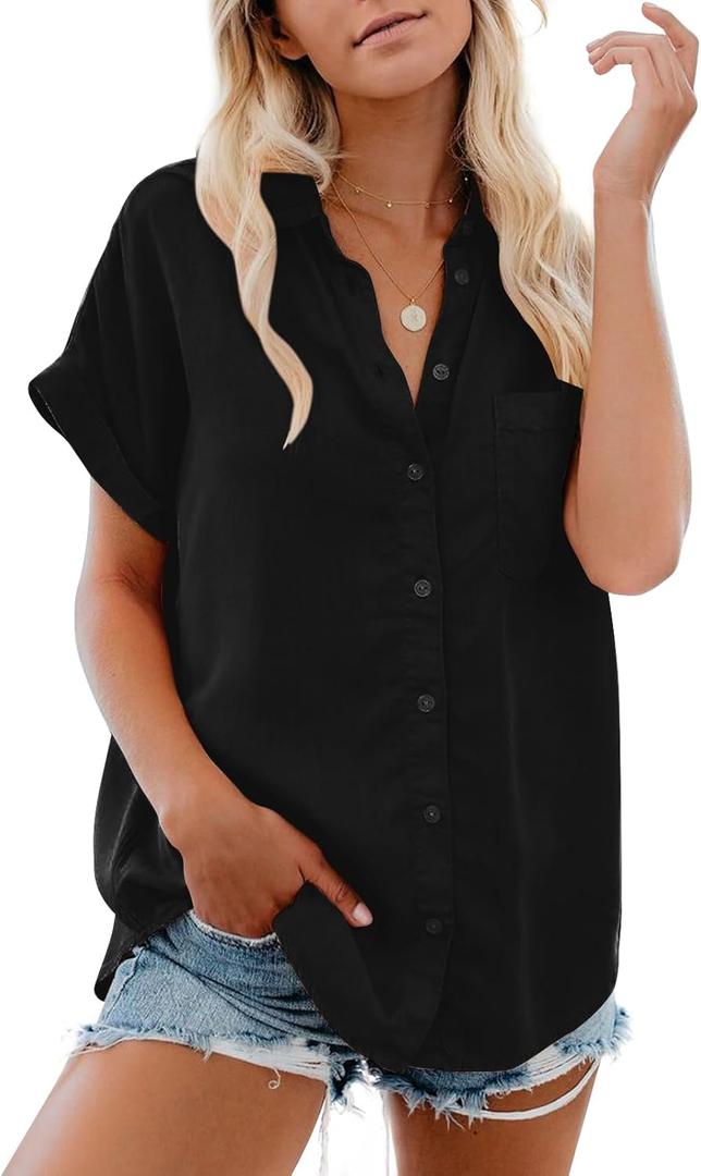 Women's Button Down Casual Shirts Cotton Short Sleeve Blouses Solid Summer Tops with Pocket (Large, Black)
