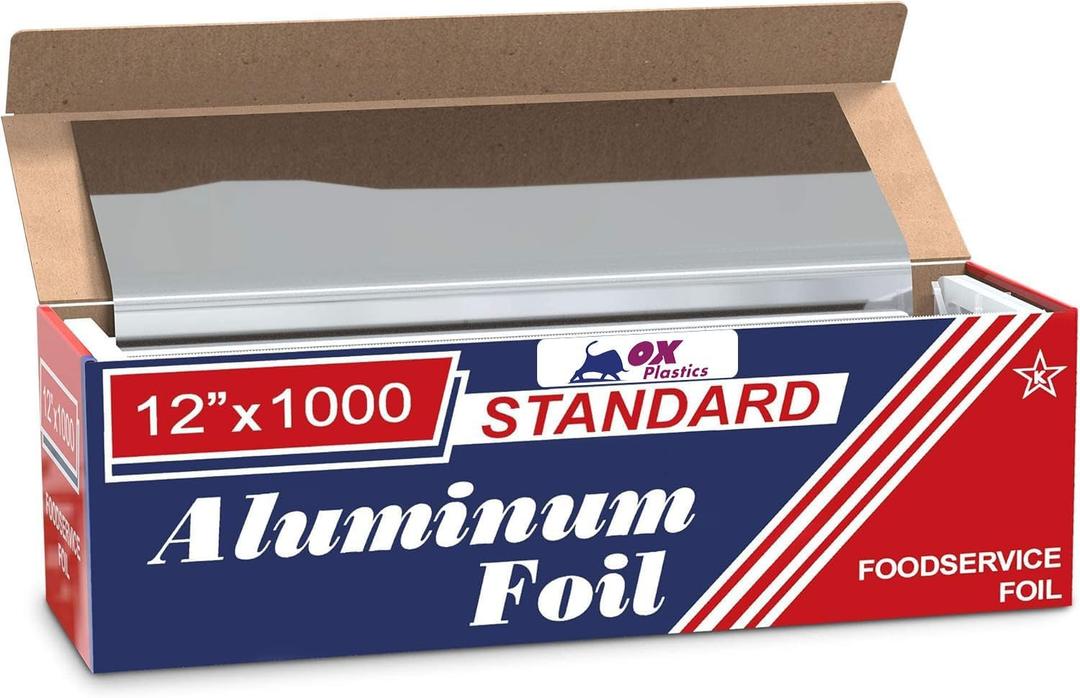 Ox Plastics Standard Premium Aluminum Foil | 12x1000 Feet Long | Industrial Size and Strength | Commercial Grade & Length Foil Wrap for Food Service Industry and Home Use| Strong Silver (1 Pack)