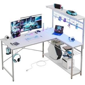Bestier Gaming Desk 51" L-Shaped, with Power Outlets & LED Lights- 4 Tier Shelves, Reversible Gamer Table with Hooks & Cup Holder for Home Office,Carbon Fiber White (51 Inch)