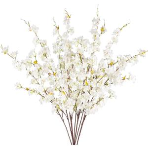 8 Pcs Artificial Cherry Blossom Flowers 40" Faux Silk Cherry Blossom Stems Fake Real Touch Peach Branches for Wedding Home Garden Japanese Decor White