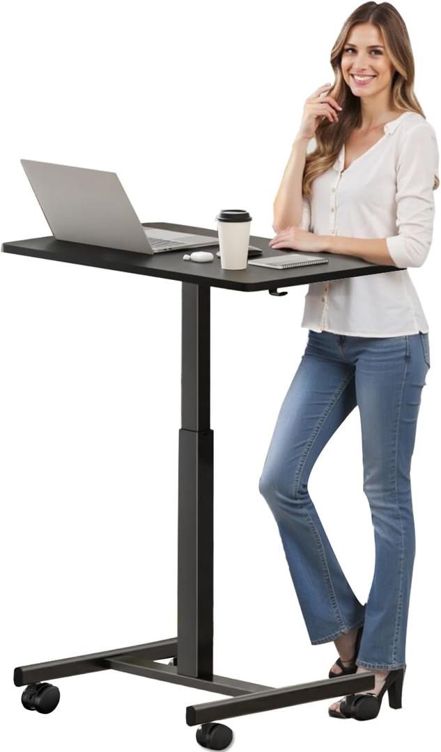 Mobile Small Standing Rolling Desk Adjustable Height, Portable Laptop Desk on Wheels, Workstation for Home Office with Hook