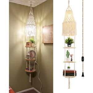 QIYIZM Boho Plug in Pendant Light Hanging Light with Plug in Cord,Dimmable Switch Hanging Lamp Macrame Lamp Shade and Plant Holder Shelf Indoor for Bohemian Decor Bedroom Corner Living Room