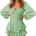 Fixmatti Women off Shoulder Rompers Lantern Long Sleeve Ruffle Tie Mini Shorts Jumpsuit (Medium, 01-green)