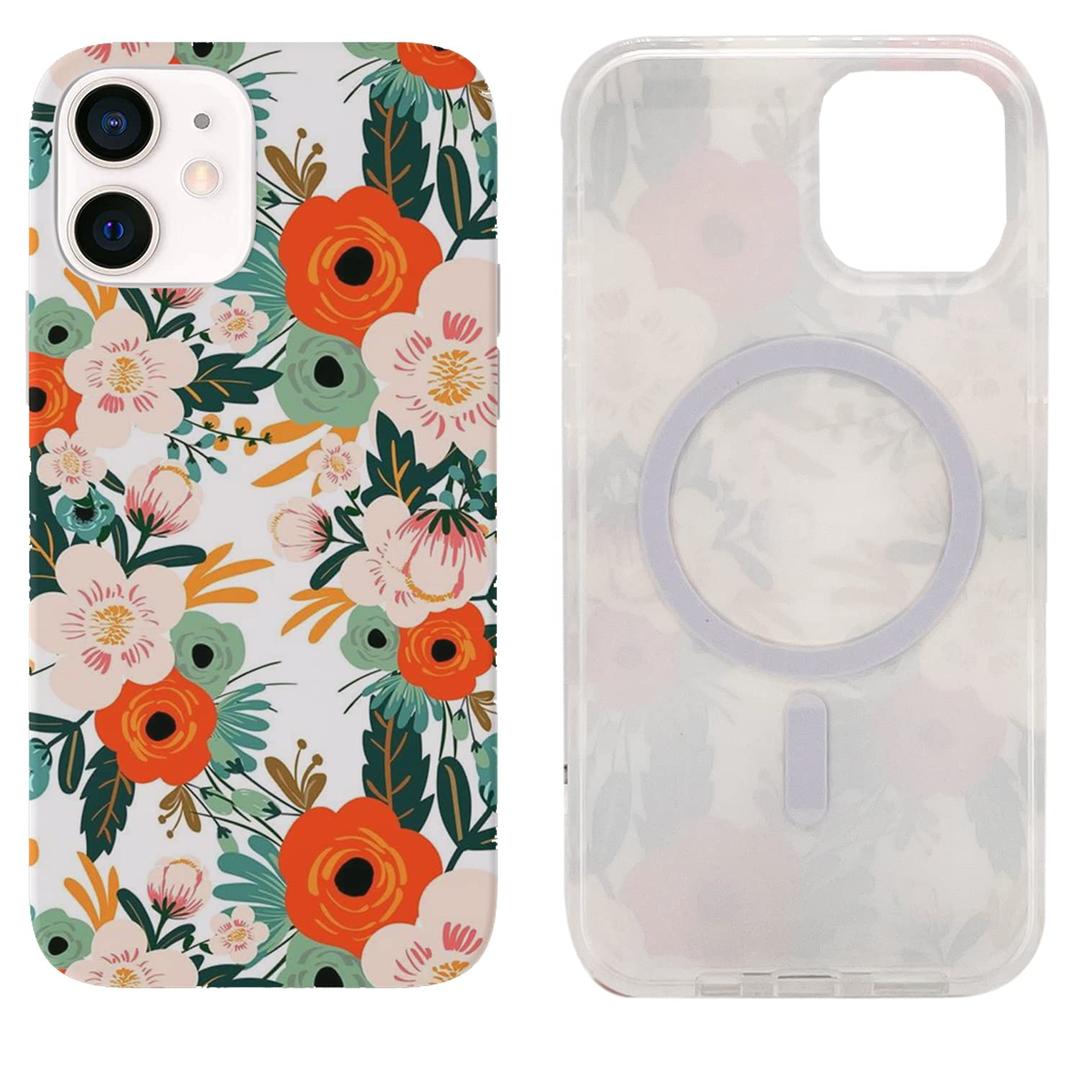 Magnetic Case for iPhone 12 Mini 5.4 inch Compatible with MagSafe Charging Soft TPU Slim Shockproof Protective Cute Cover for iPhone 12 Mini with Screen Protector(Gray Pink Floral)