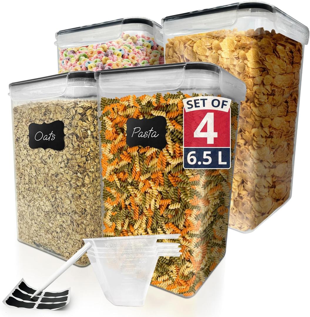 Reli. 6.5L Airtight Food Storage Containers with Lids (4 Sets) | Kitchen Organizers and Storage Containers, Pantry Organizers | BPA Free Plastic XL Set w/ 4 Measuring Cups, 12 Labels, Pen