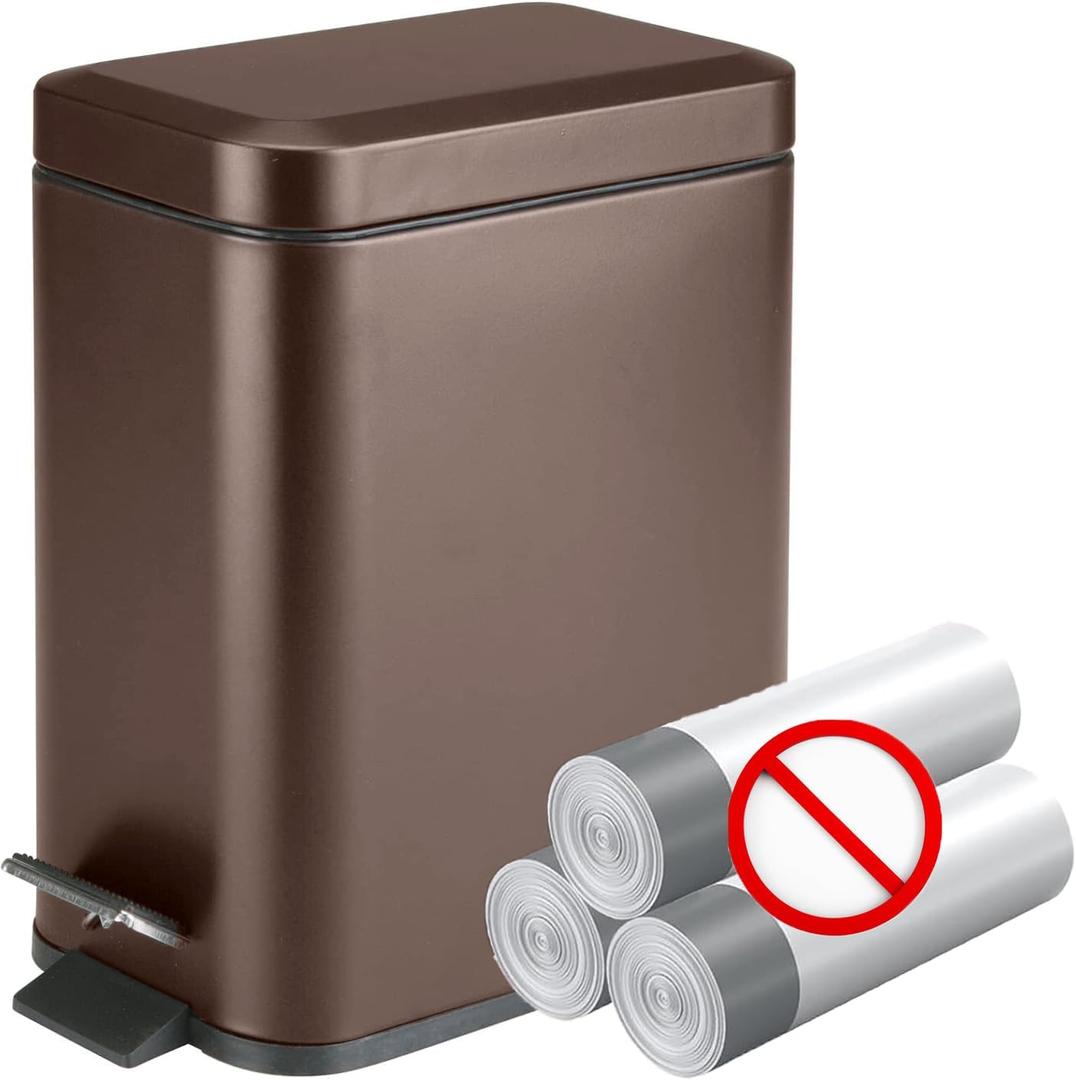 Homie Soft Close, Slim Trash Can 1.6 Gallon with Anti - Bag Slip Liner and Lid, Use as Mini Garbage Basket, Slim Dust Bin, or Decor in Bathroom, Restroom, Kitchen, or Bedroom (Bronze)