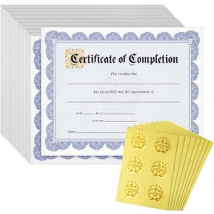 Certificate of Completion Paper Sheets - 8.5 x 11 in, Blue Floral Border & Gold Foil Seals, 48 Count - Award Certificate Paper for Printing & Student Recognition