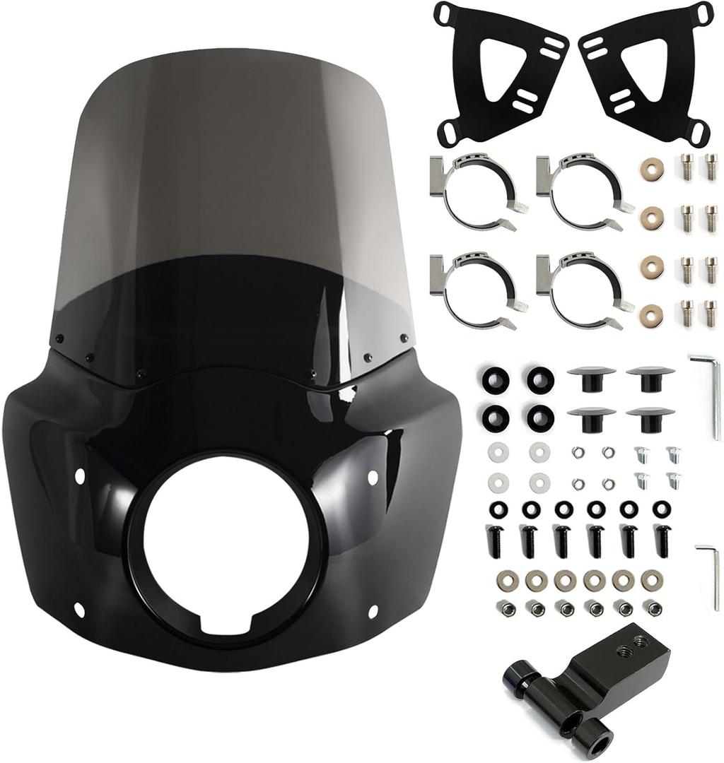 FATECIM Motorcycle 5.75" Headlight Fairing with 15" Smoke Windshield Windscreen & 48-58mm Mounting Kit Headlight Extension Block For Harley 2018 2019 2020 2021 2022 Softail FXBB Street Bob