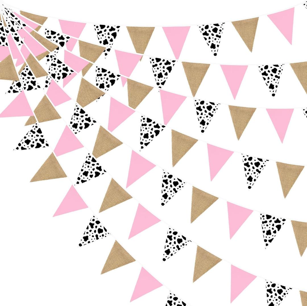 32Ft Western Cowgirl Party Decorations Burlap Pink Cow Triangle Flag Fabric Banner Pennant Garland Streamer for Western Cowgirls Birthday Baby Shower Derby Day Farm Animals Wild Party Decor Supplies