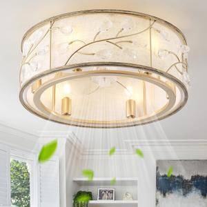 20" Caged Crystal Ceiling Fan with Light, Gold Flush Mount Ceiling Fans with Lights Remote Control, Enclosed with 6 Speeds for Bedroom, Living Room, Nursery