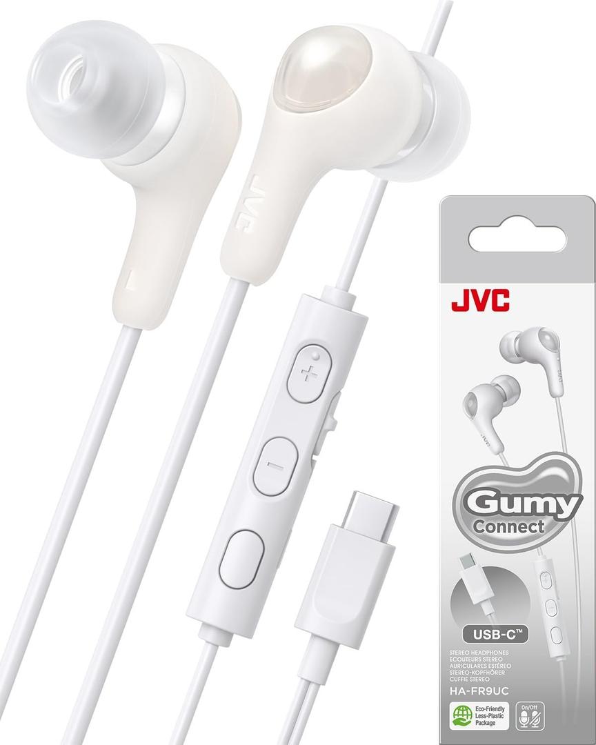 JVC Gumy Connect USB-C Wired Earbuds Headphones, Delay-Free for Videos and Gaming, Built-in DAC Reduces Noise and Improves Sound Quality, 9.2 mm Diameter Neodymium Drivers - HAFR9UCW (White)