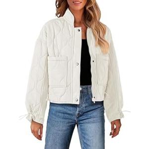 MEROKEETY Women's Cropped Zip-Up Bomber Jackets Warm Quilted Long Sleeve Stand Neck Winter Coats, Beige, L at Amazon Women's Coats Shop (L, Beige)