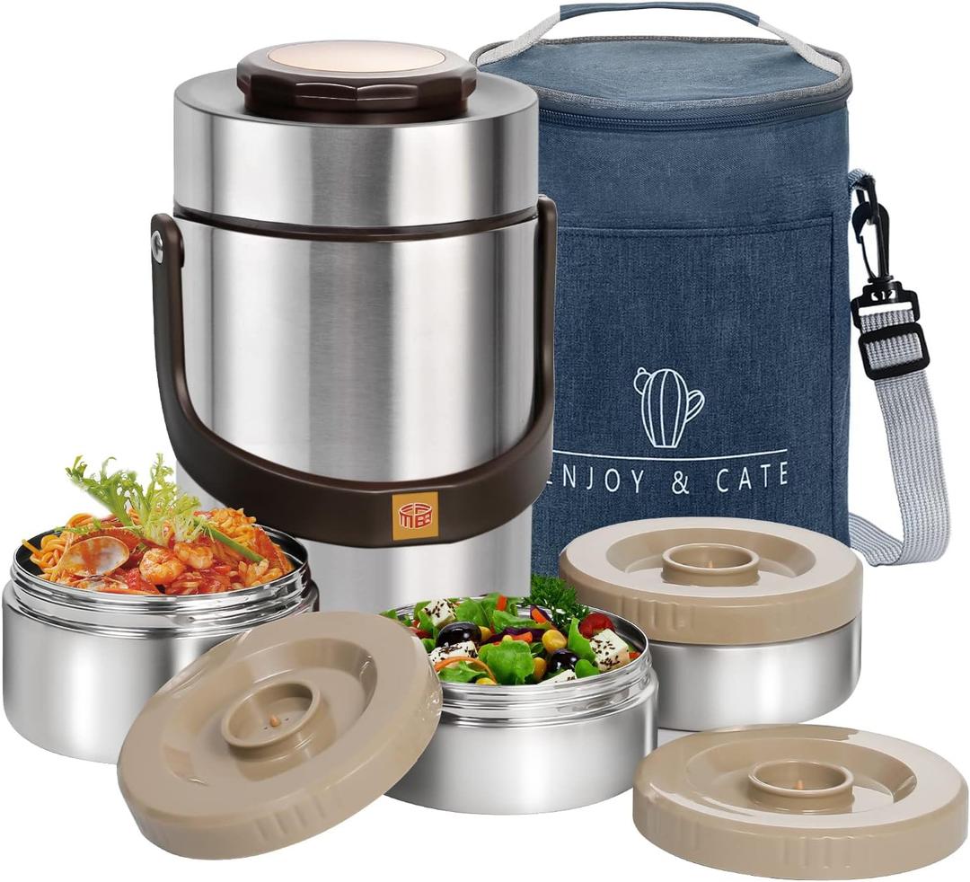 67 oz Adults Stainless Steel Vacuum Insulated Wide Mouth Soup Food Thermo Hot Food Jar with Keep Thermal Portable 3 Tier Stackable Bento Hot Food Containers Lunch Boxes (67 oz Silver)