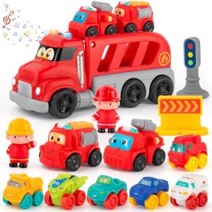 Soft Rubber Toy Figure Car for 1 Year Old Boy 13 PCS Cartoon Cars with Trailor Baby Toys for 12-18 Months & Toddler Age 1-2|First Birthday, for 1 2 3 Year Old Boy
