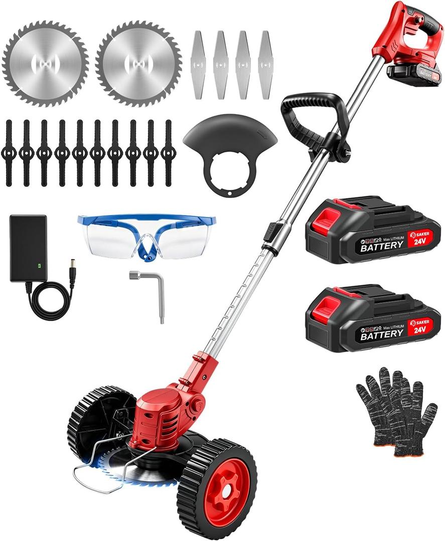 Saker 24V Cordless Weed Wacker, Electric Grass Trimmer Weed Eater with 2 Batteries, 3-in-1 Lightweight Brush Cutter/Lawn Mower/Edger with Wheels & 3 Types of Blades for Lawn, Garden & Yard Care(Red)