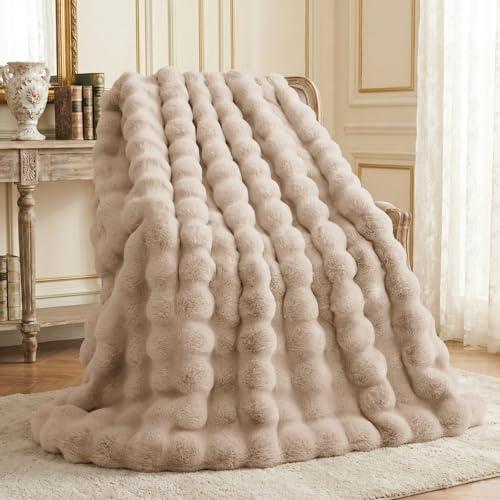 L'AGRATY Faux Fur Throw Blanket: 50" x 60" Luxury Soft Fluffy Rabbit Fur Blankets Twin for Couch Bed Sofa - Cozy Plush Bubble Blankets for Winter: Flannel Fleece Decorative Blanket(Light Linen)