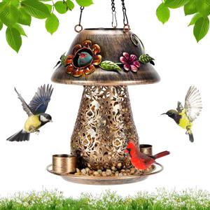 Mushroom Solar Bird Feeders for Outdoors Hanging Metal Wild Bird Feeder with S Hook for Garden Decoration Brown