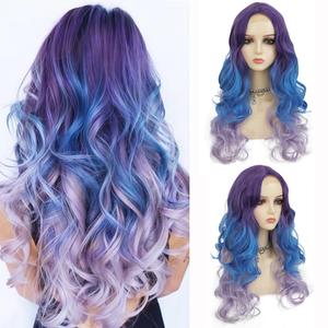 Blue Purple Long Curly Wavy Wig for Women Middle Part Natural Soft Looking Synthetic Cosplay Halloween Costume Hair Wig