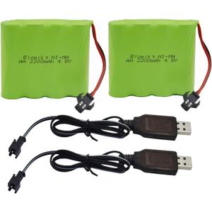 Blomiky 2 Pack 4.8V 2200mAH AA NiMH Rechargeable Battery with SM-2P Plug and USB Cable for SY-E511 Some RC Excavator RC Vehicle Car Truck Crawler / 4.8V NiMH 2