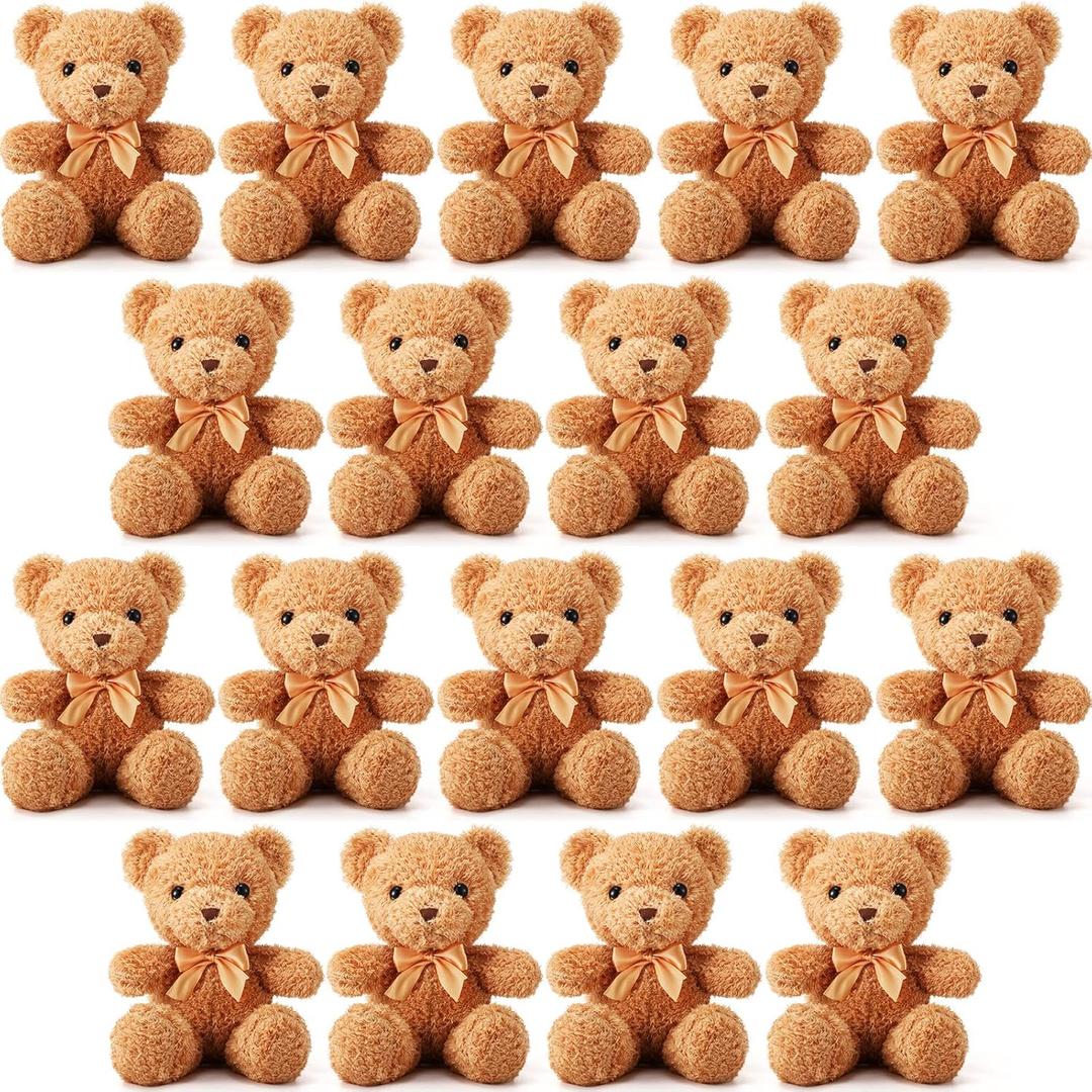 HyDren 18 Pcs Bear Stuffed Animals Bulk 12 Inch Soft Plush Bears Doll with Bows Small Stuffed Toy for Girl Boy Baby Shower Christmas Valentine Birthday Decor Gift Party Favors (Light Brown)