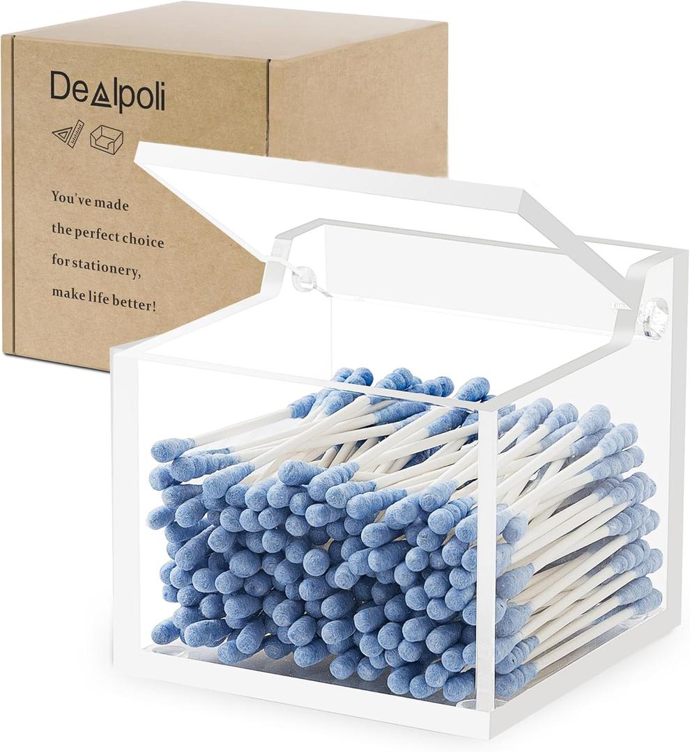 Clear Acrylic Qtip Holder With Lid Cotton Balls Swab Organizer,Square Q Tip Storage, Floss Picks, Bath Salts, Cotton Wab Holder,Home Bathroom Decor (DP011)