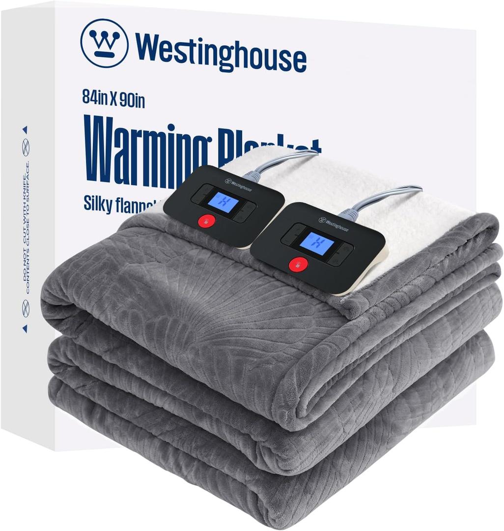 Westinghouse Electric Blanket Queen, Flower Jacquard Heated Blanket Queen Size with 10 Heating Levels and 1-12 Hours Auto-Off, Flannel to Sherpa Reversible, Machine Washable, 84" x 90" Inch, Grey