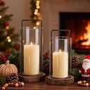 Houmury Set of 2 Hurricane Candle Holders Lantern 12” & 10”with Wood Base Metal Handle Glass Cylinder Modern Farmhouse Decor for Home Decoration, Table Centerpieces (Warm Amber Brown)