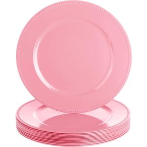 Gerrii 12 Pcs Metallic Bead Charger Plates 13 Inch Plastic Round Plates Bulk Wedding Beaded Chargers for Table Party Event Decoration(Pink,Beaded)