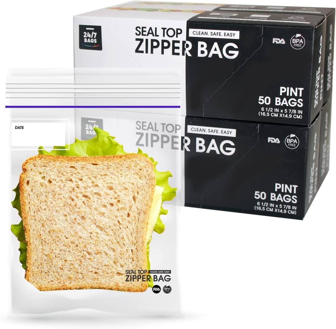 24/7 Bags- Sandwich Storage Bags, 200 Count, Resealable Zipper Bags, Microwave-Safe, BPA-Free, 4 Boxes