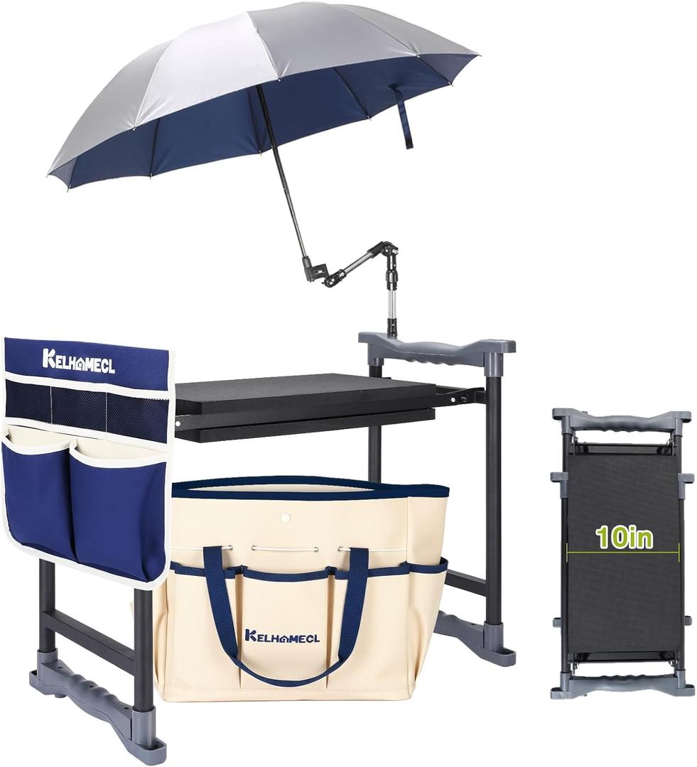 Garden Kneeler and Seat with Umbrella, 2-in-1 Foldable Gardening Stool with Adjustable Bracket, Detachable Tool Bags, Heavy Duty Kneeling Pad for Gardening (Beige Blue), 24.8 Inches X 13 Inches X 20 Inches