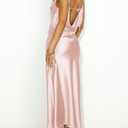 Summer Satin Spaghetti Strap Cowl Neck Backless Midi Dresses for Women Elegant Tie Low Back Ruched Cocktail Dress (Pink, L)