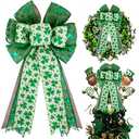 St Patricks Day Bow for Wreath Decorations,St Patricks Day Tree Topper Bows,Large Burlap White Green Glitter Shamrock Bowknot Irish Holiday Crafts Bows for Front Door Outdoor Outside, Pack 4