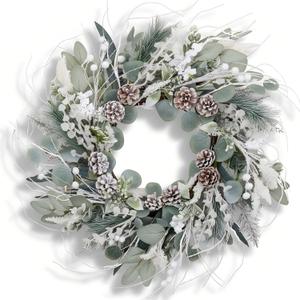Winter Wreaths for Front Door, Winter Door Wreath with White Berries Pine Cones, White Snow Eucalyptus Wreath for All Seasons Winter Christmas Door Outside Decorations 50 pcs Twig