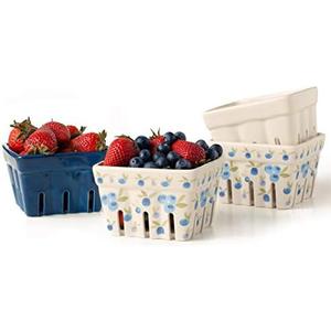 Farmhouse Ceramic Berry Basket, Colander, Farmers Market square Bowl. Rustic Kitchen decor fruit bowls, Fruit Baskets, Bleu White and Blueberry pattern Stoneware Harvest Bowls Set of 3