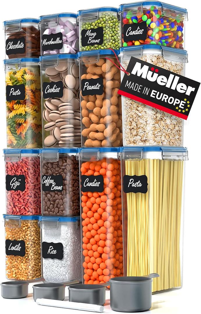 Mueller Airtight Food Storage Container Set with Lids  14-Piece, Kitchen & Pantry Organization and Storage, Dishwasher, Freezer and Microwave Safe  14 Labels, 4 Measuring Cups and Marker, Blue