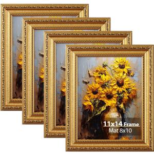Splinterix 11x14 Picture Frames Gold Vintage, Matted to 8x10 Print, 4 Pack