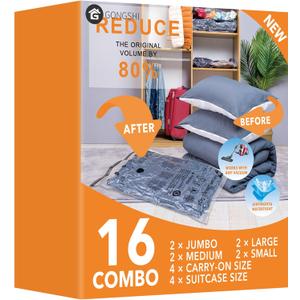 GONGSHI Vacuum Storage Bags, Space Saver Seal Bags For Clothing, Travel Luggage,Blankets, Comforters, Pillows, Clothes Storage.16 Combo