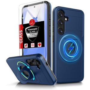 for Samsung Galaxy S25 Plus Case Magnetic Compatible with MagSafe Wireless Charging,with Screen Protector,for S25+Plus Case with Stand Ring Anti-Scratch Shockproof Heavy Duty Protection Blue