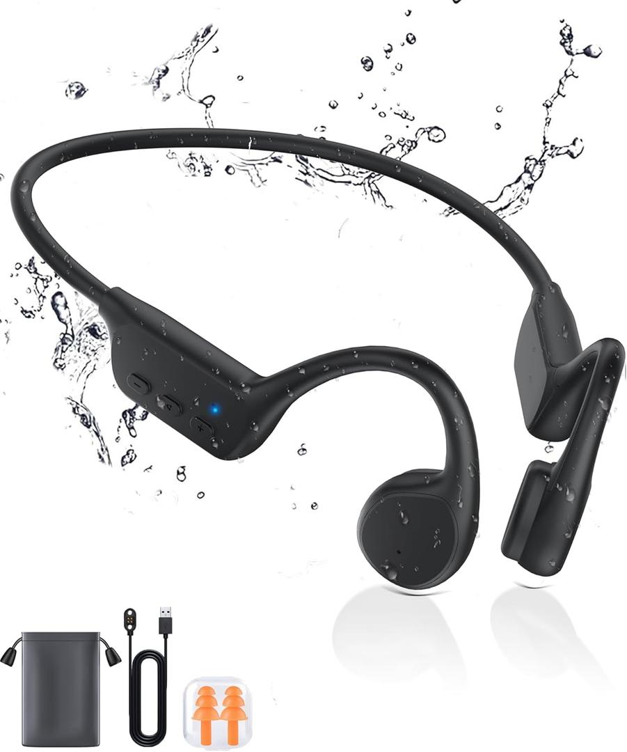 Bone Conduction Headphones, Swimming Headphones Underwater Open Ear Built-in 32GB Memory IPX8 Waterproof for Swimming, Running, Cycling, Black-A