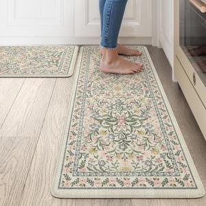 Collive Anti Fatigue Mat for Kitchen Floor, Spring Floral Kitchen Mats for Floor Set of 2, Beige Cushioned Waterproof Sink Rugs Non Slip Comfort Standing Rug for Office, Laundry, Desk