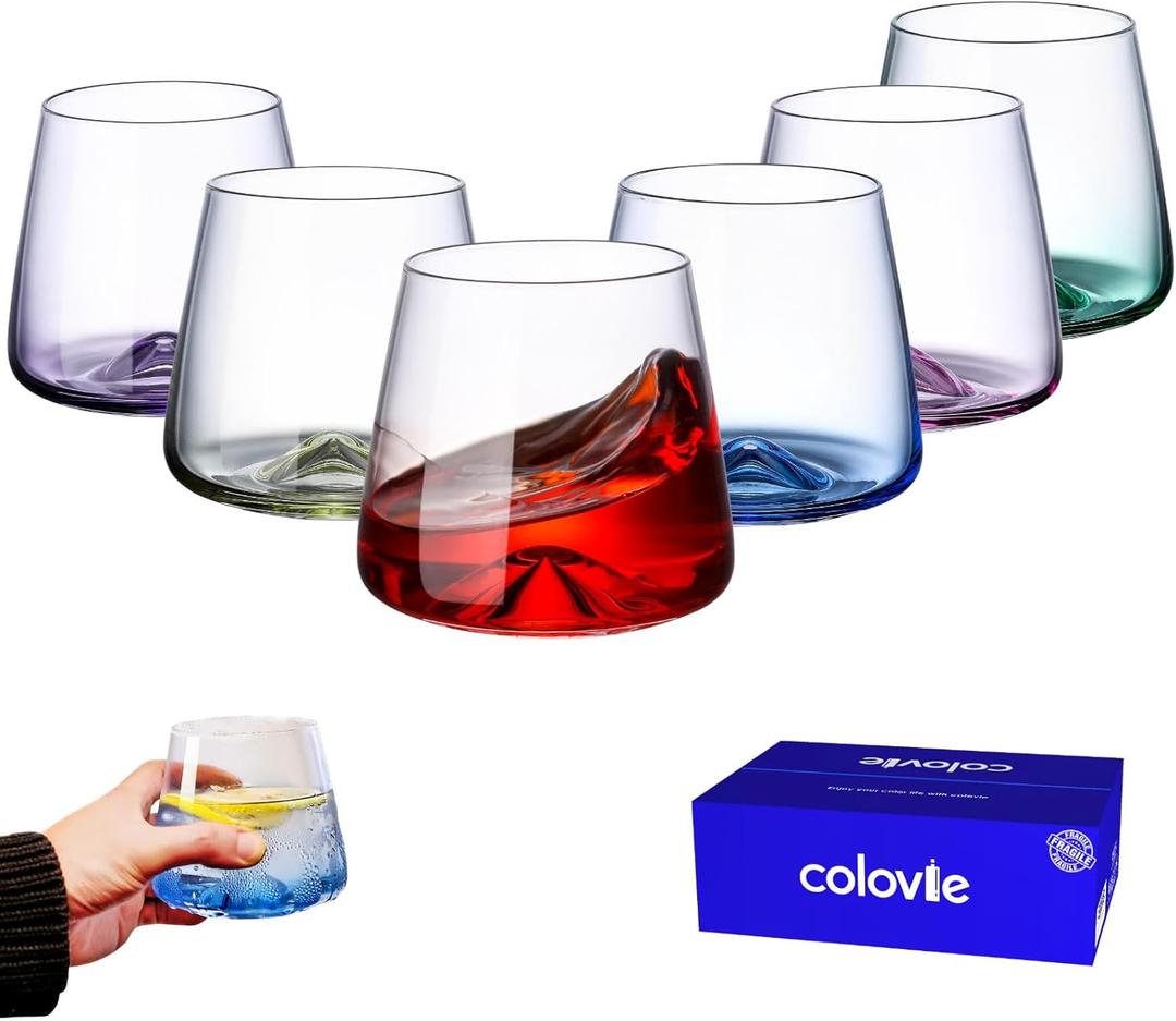 ColoVie Stemless Wine Glasses Set of 6, Colored Wine Glasses, Red Wine Glass, No Stem Cocktail Glasses, Colorful Drinking Glasses, Water Glass, Modern Drinkware, Wine Tumblers, Short Flat Bottom 13oz