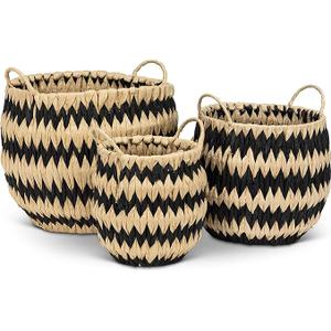 Coastal Striped Baskets, Set of 3, Round, Handmade, Chunky Weave, Black and Natural Seagrass Wicker, Grab Handles,